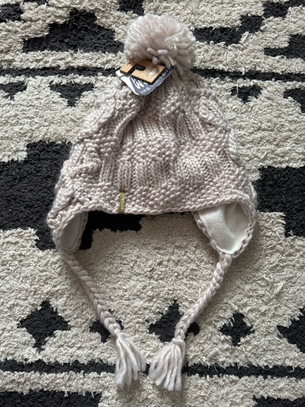 Women’s Knit Pom-Pom Earflap Hat White Turtle Fur
